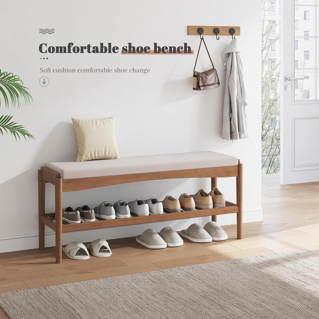 Shoe Bench Entryway Bamboo 2-Tier Shoe Rack with Cushion Padded Seat Shoe Bench Organizer Stable for Entry, Hallway