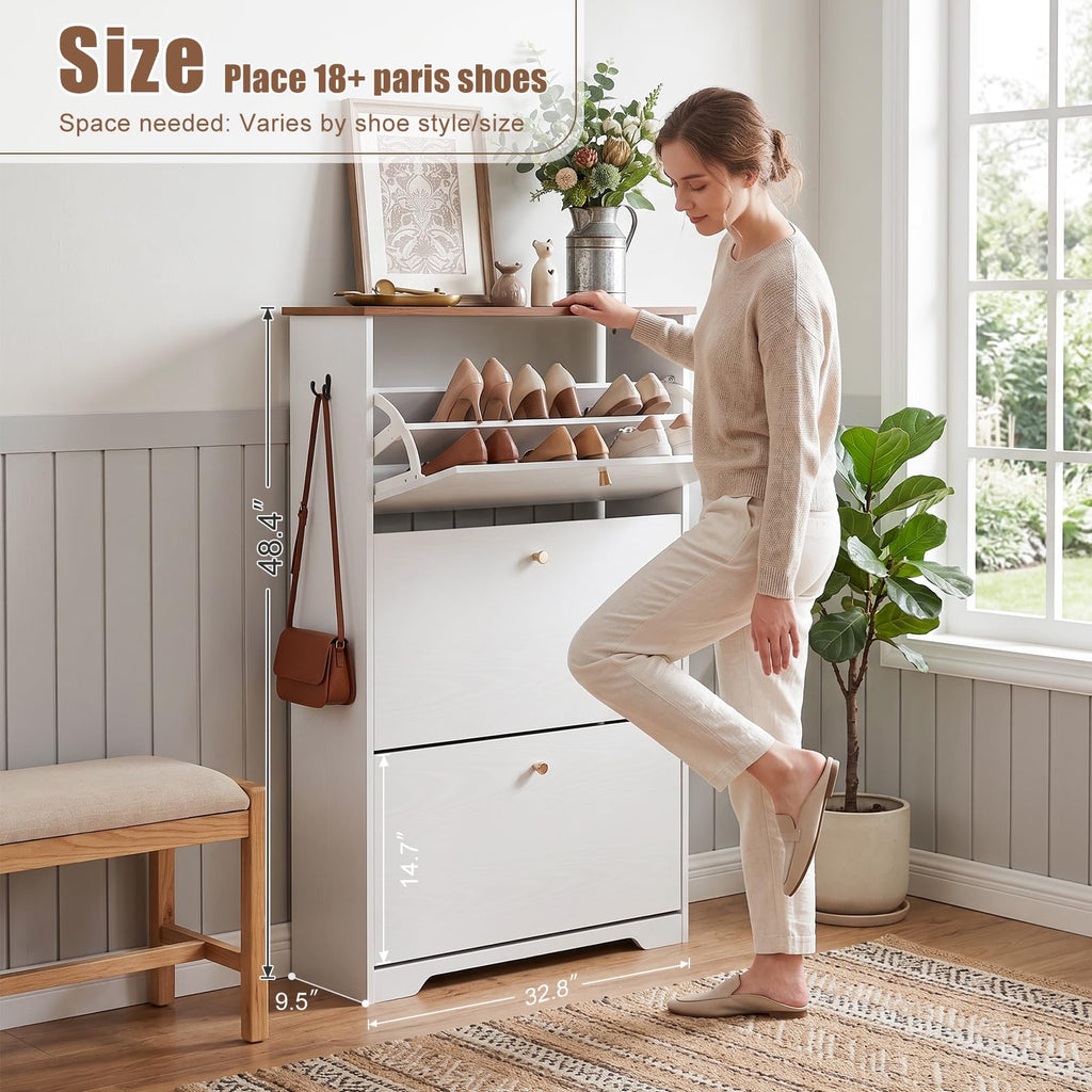 Shoe Cabinet, 3 Flip Drawers Slim White Walnut Top Entry Storage