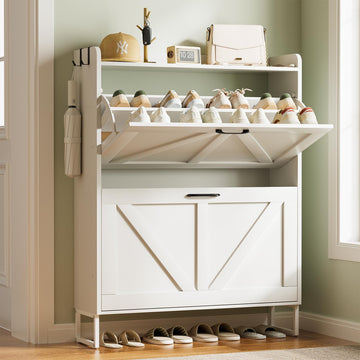 Shoe Storage Cabinet, 2 Flip Drawers Shoe Organizer, Elegant 2-Tier Freestanding Shoe Cabinet with Anti-Tipping