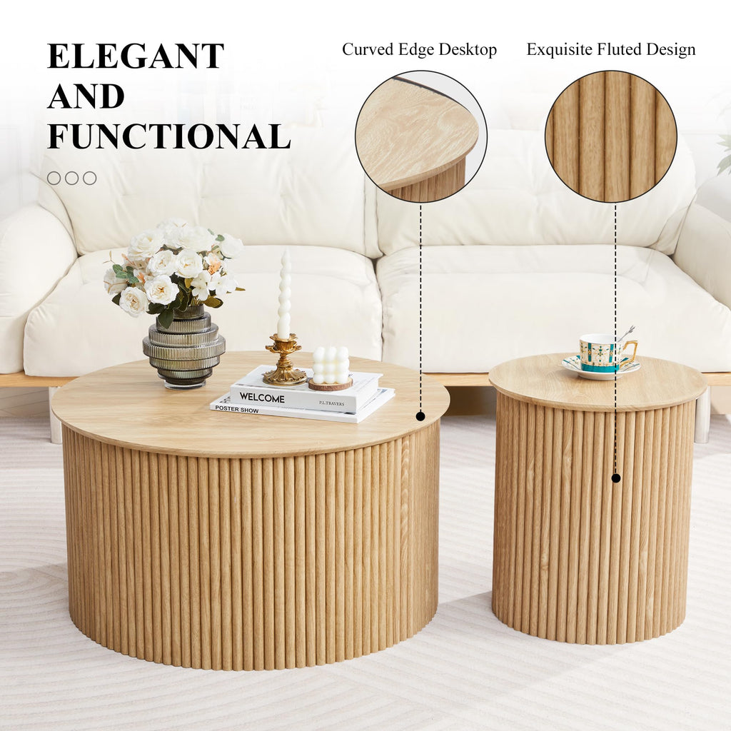 Fluted Round Nesting Coffee Table Set of 2 Circle Center Tables Living Room