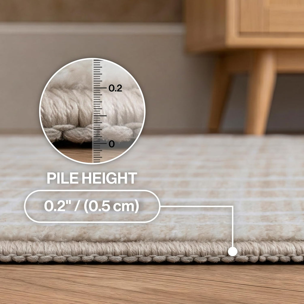 Washable Orton Distressed Ticking Stripe Machine-Washable Polyester Area Rug, Beige and Cream, Farmhouse