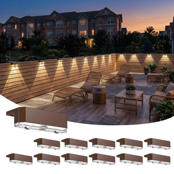 12 Pack Solar Fence Lights Outdoor, Deck Light Solar Powered, IP65 Waterproof Led Riling Solar Lights Brown Frame for