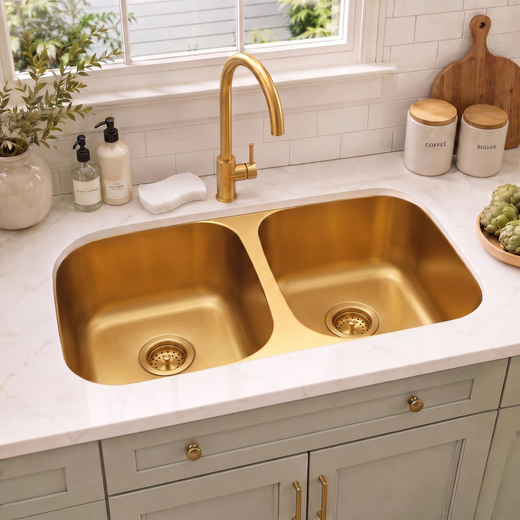 Brushed Gold Kitchen Sink, 32 Inch Undermount Kitchen Sink Gold, Double Kitchen Sink Stainless Steel with Two Sink