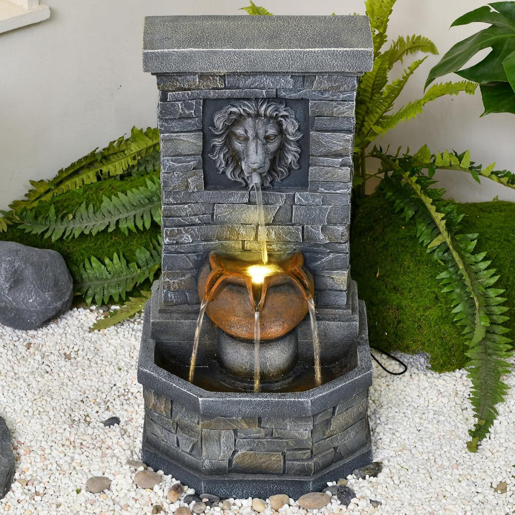 32'' Outdoor Water Fountain, Lion Head Floor-Standing Stone Waterfall Fountain with LED Lights