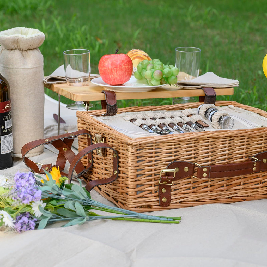 Multifunctional Wicker Picnic Basket Set for 2 with Blanket and Picnic Table, Insulated Picnic Set with Full