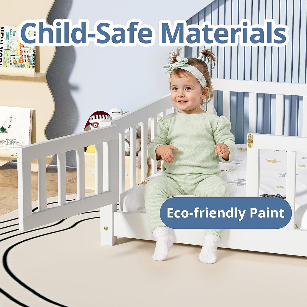 Floor Bed for Children, Sturdy Wood Montessori Bed Frame with Wood Slats, High Fence & Small Door, Montessori