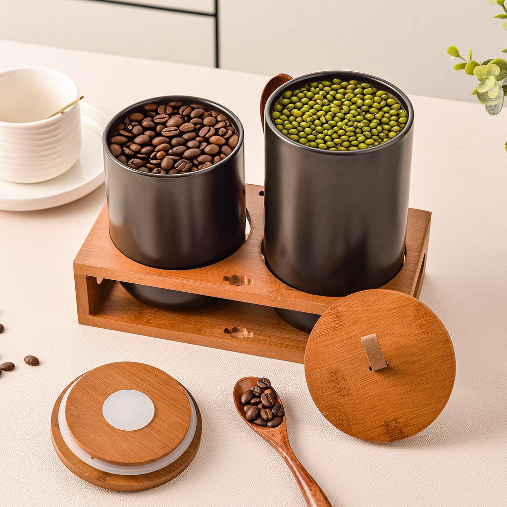 Black Ceramic Canister Set of 2 with Bamboo Lids, Wooden Stand & Spoons - 35oz & 28oz Airtight Food Storage Jars for