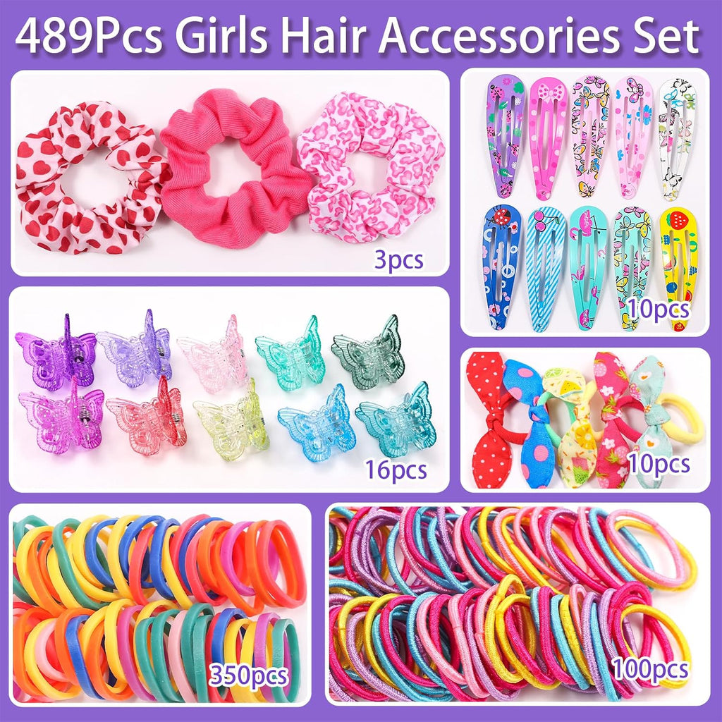 Hair Accessories for Toddler Girls,463 Pcs Colorful Hair Ties Set with 26 Pcs Hair Clips,Cute Scrunchies,Butterfly