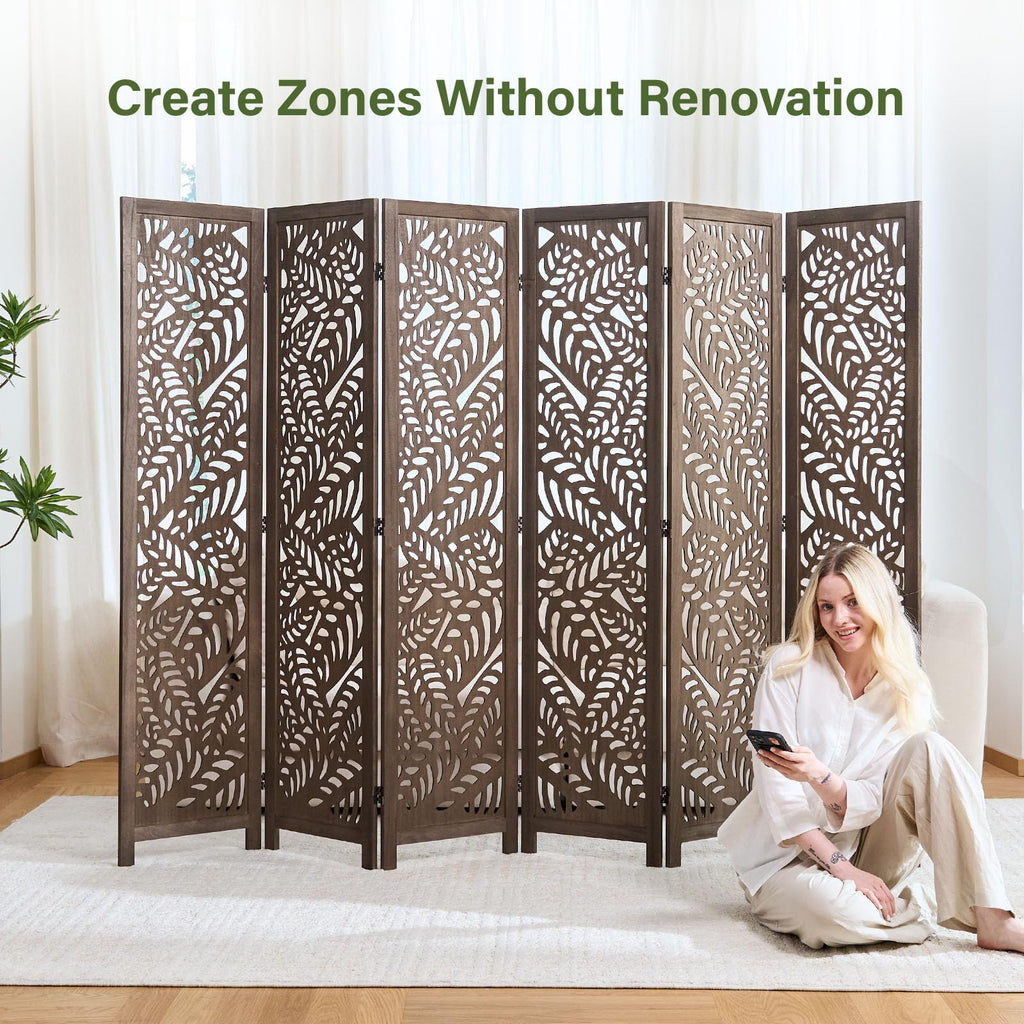 Leaf-Carved Room Divider Privacy Screen - 67 Inch Tall Foading Decorative Wood Screen Dividers Panel - Natural Wood