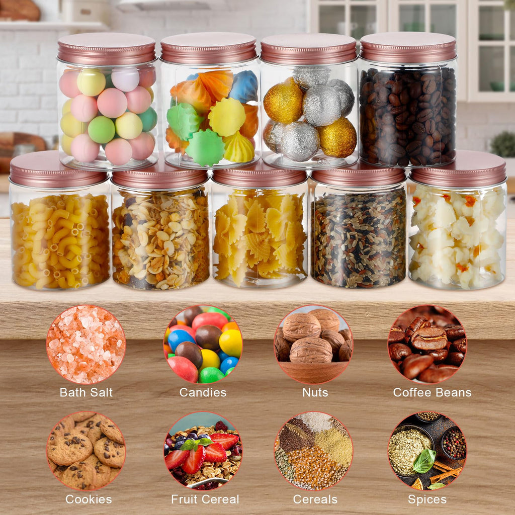 24 Pcs 8 oz Plastic Jars with Lids Clear Round Food Jars with Rose Gold Lids Plastic Mason Jars Stackable Refillable