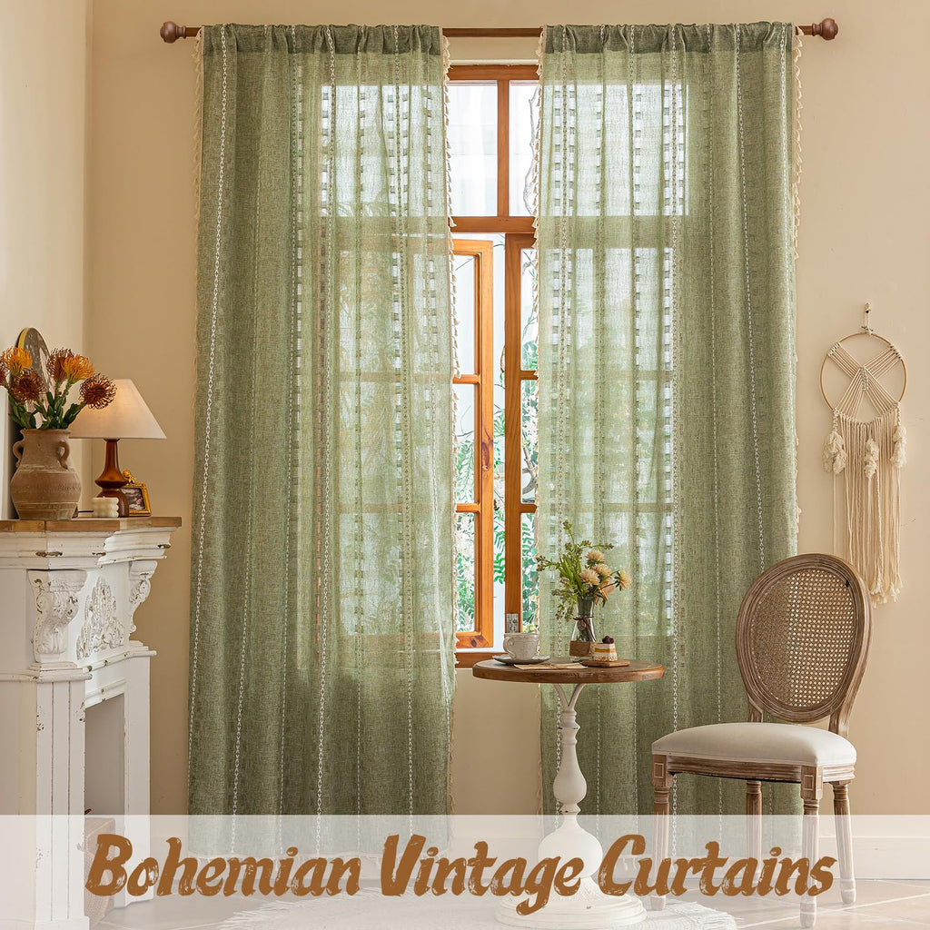 Boho Sheer Sage Green Curtains 84 inches Long 2 Panels Bedroom, Farmhouse, Bohemian Tassels Country Light Filtering