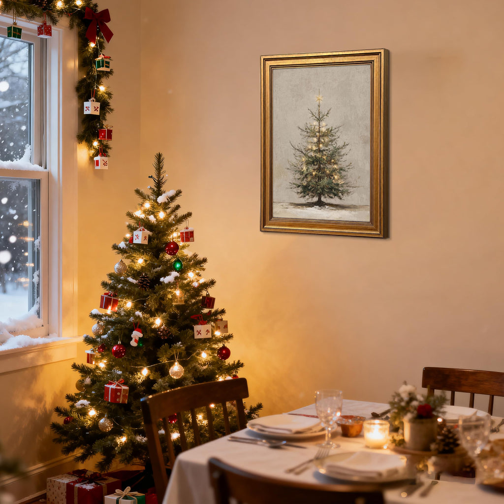 Gold Framed Christmas Wall Art, Christmas Tree Wall Decor, Lighted Evergreen Pine Canvas Print, Vintage Neutral