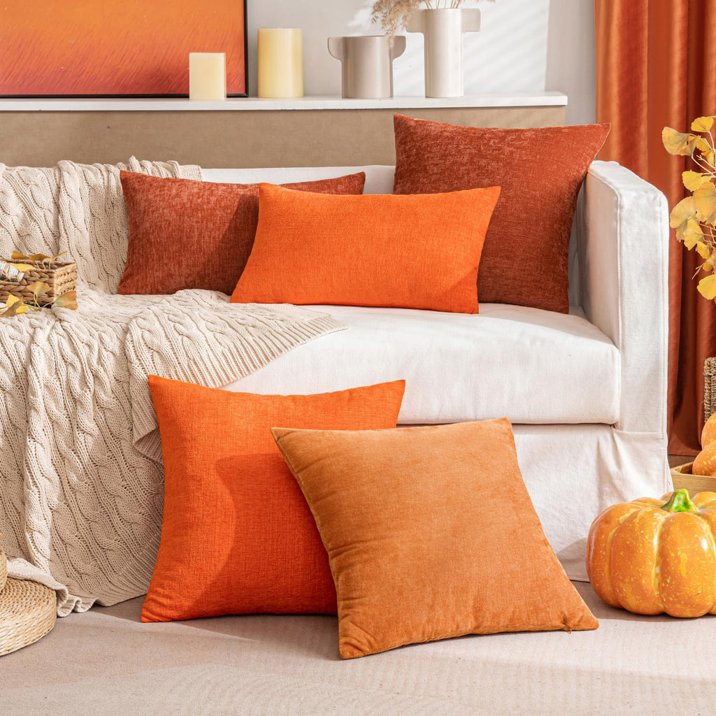 Soft Chenille Fall Lumbar Throw Pillow Covers Orange 12x20 Inch