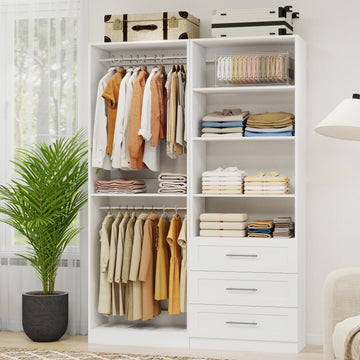 Closet System with 3 Drawers, 4FT-10.5FT Wooden Organizer System