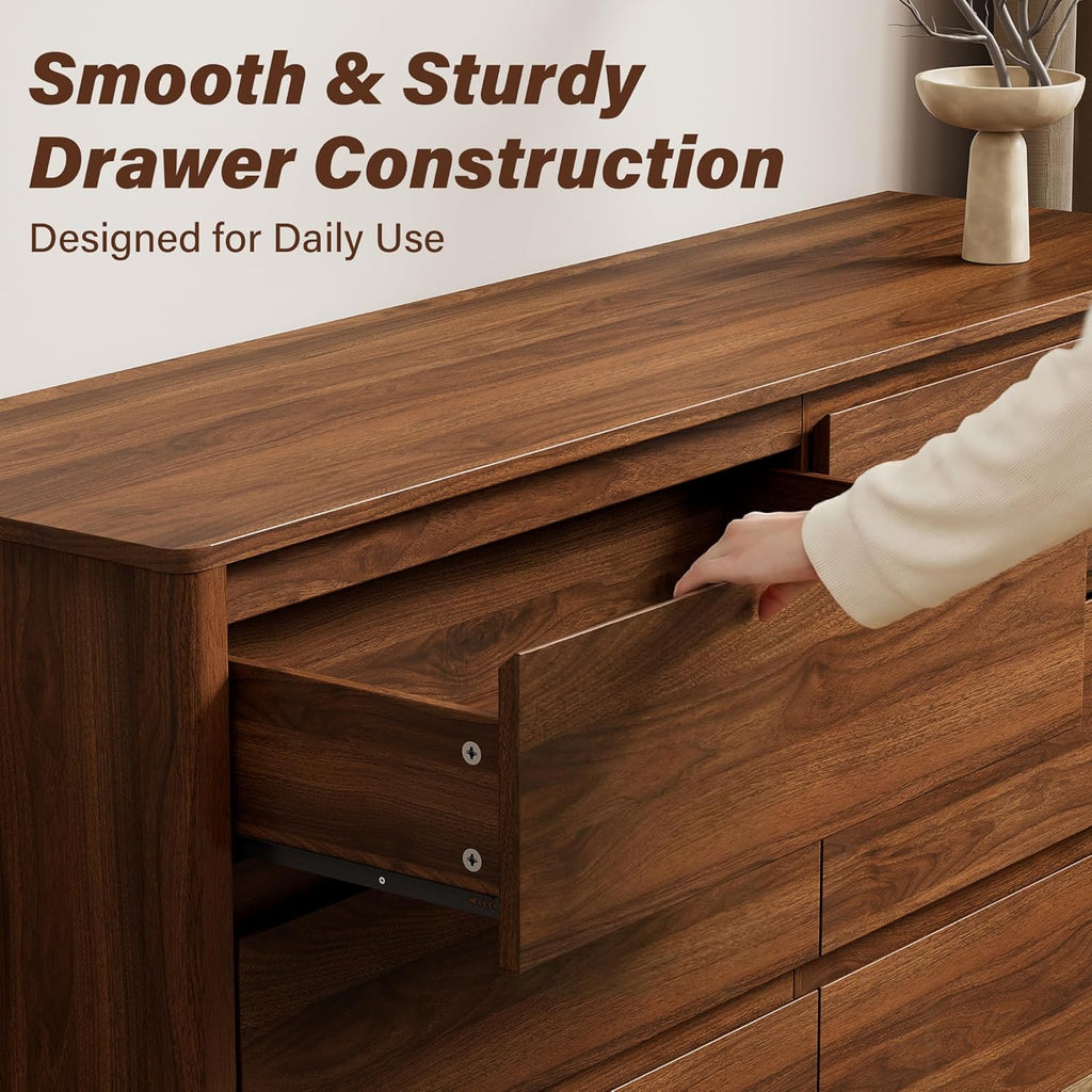 55" Mid-Century Modern Dresser , 6 Drawer Wide Chest of Drawers with Wood Legs, Large Storage Bedroom Dresser, Walnut