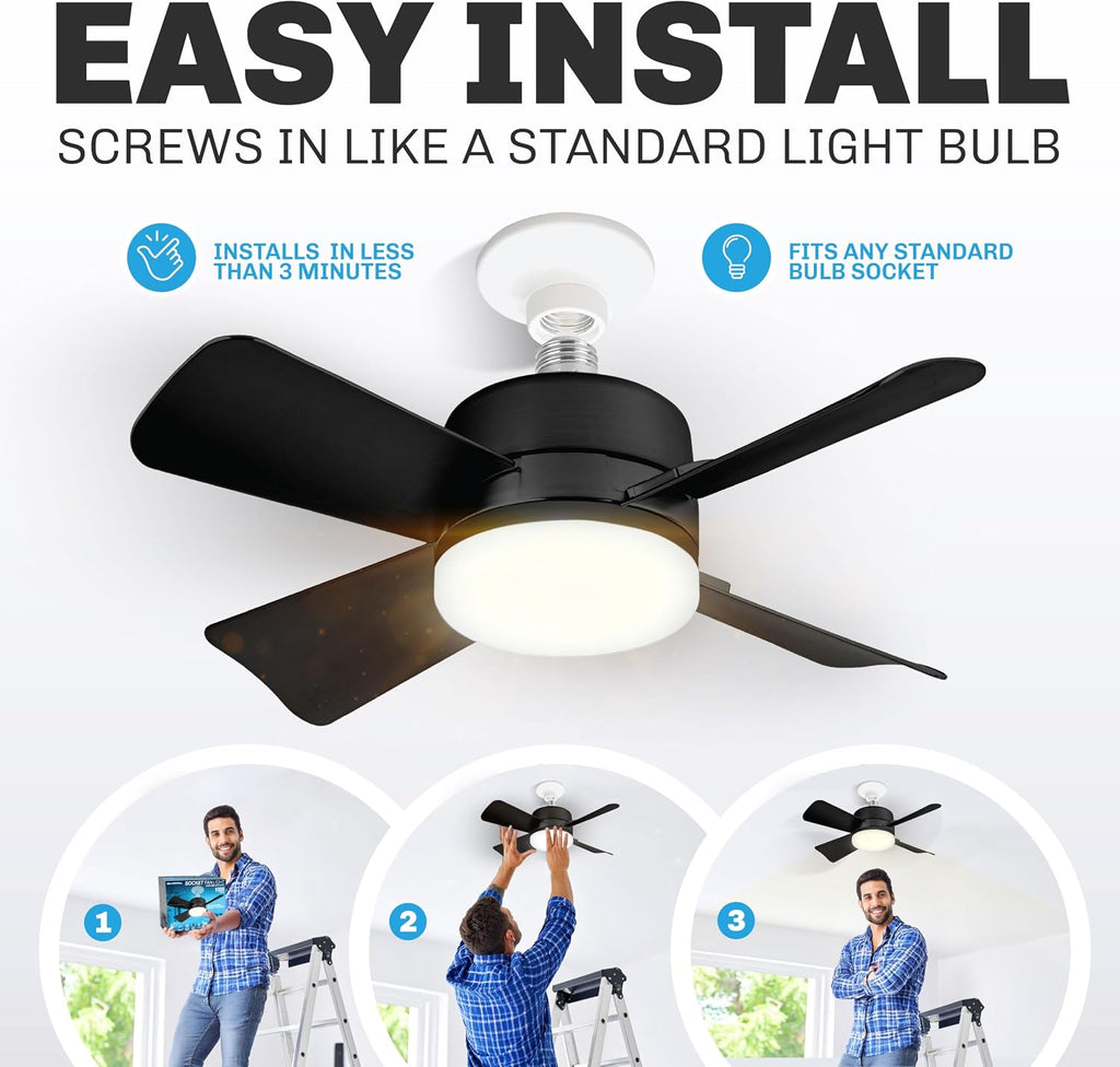 Breeze Socket Fan Light with Remote, 15.75" Cost Saving Ceiling Fans with Lights Replacement for Bedroom, Kitchen, Living Room, Warm 3500K, 1000 Lumens, Easily Screws into E26/E27 A101-B0CP89S314