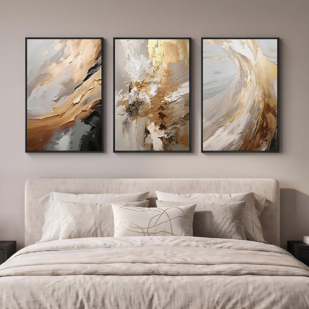 Large Framed Neutral Luxury Abstract Wall Art, 3 Piece Set, Each 20x30 In