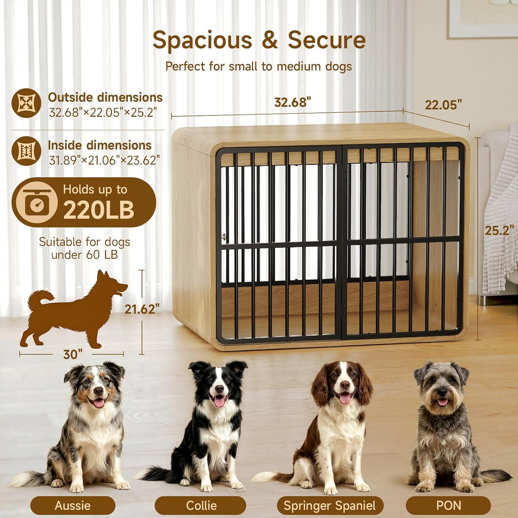 32" Dog Crate Furniture End Table for Medium Dogs, Natural Oak