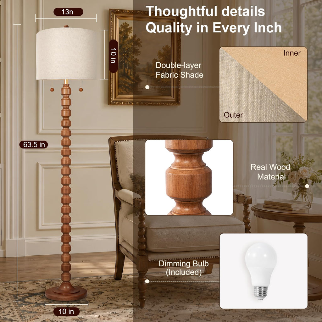 63.5"H Solid Wood Floor Lamp Bedroom, Pull Chain