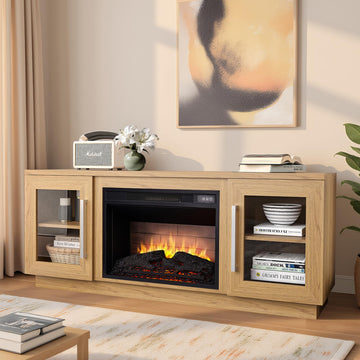 3D for TVs up to 65'', Wooden Media Entertainment Center Table & TV Cabinets w/Storage Shelves & Barn Door, Electric