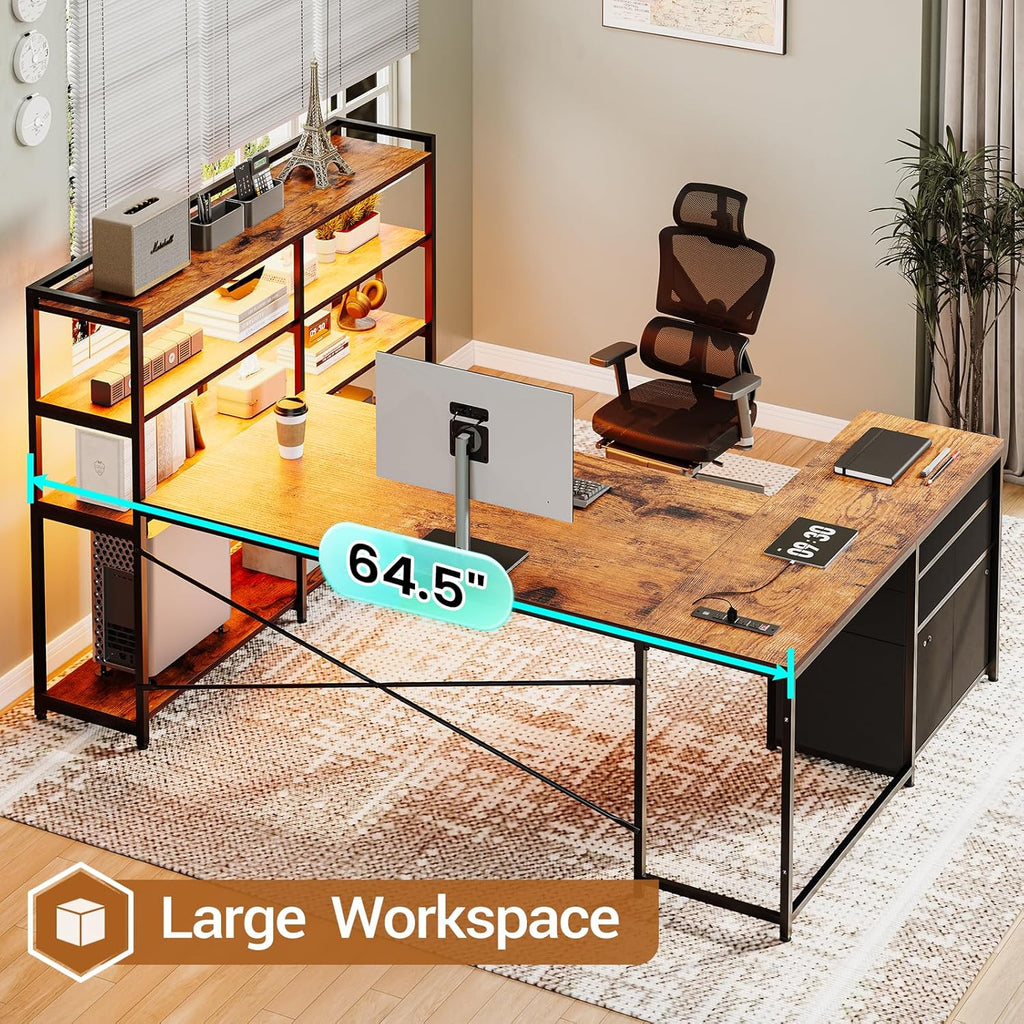 L Shaped Desk with Storage Shelves, 64.5" Reversible U Shaped Office Desk with 3 Fabric Drawers