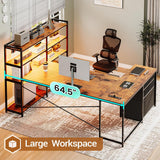 L Shaped Desk with Storage Shelves, 64.5" Reversible U Shaped Office Desk with 3 Fabric Drawers