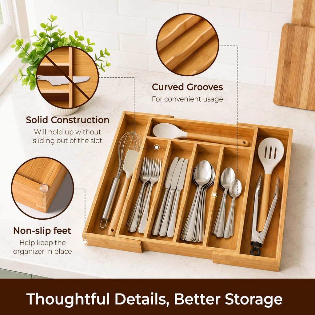 Expandable Bamboo Kitchen Drawer Organizer for Cutlery and Utensils, Adjustable Bamboo Wood Cutlery Tray in Drawer