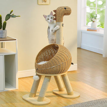Dinosaur Cat Tree 46" Cat Scratching Posts with Large Rattan Bed