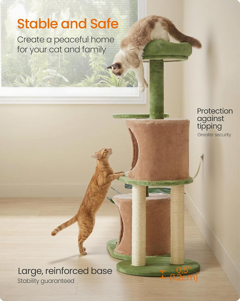 Cat Tree, 42.9-Inch Multi-Level Plush Cat Tower, Artificial Leaves