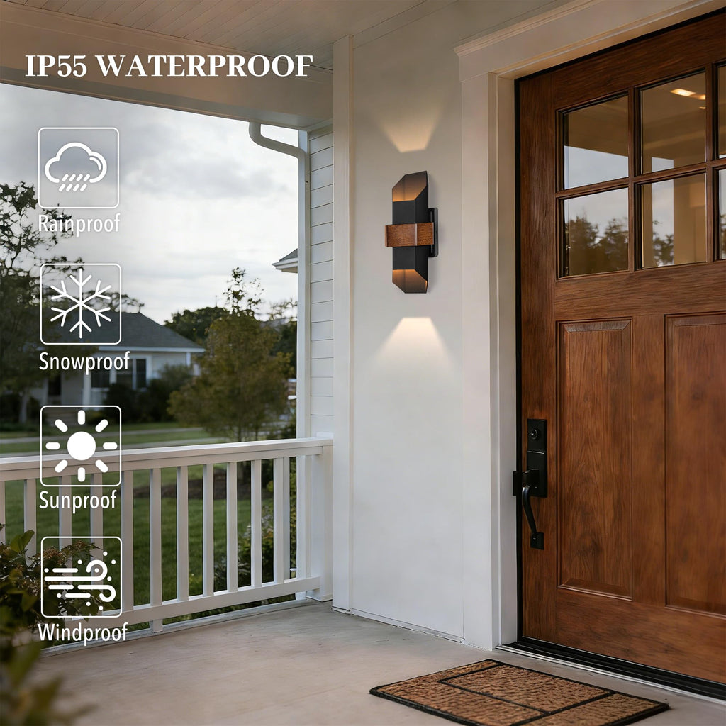 2 Pack LED Up Down Outdoor Wall Lights, with Wood-Grain Metal Belt