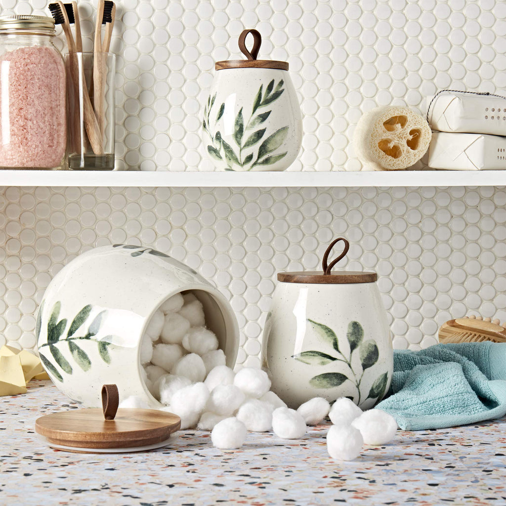 Tabletops Gallery Ceramic Canister Collection- Stoneware Designed Kitchen Storage Acacia Wood White Set, 3 Piece