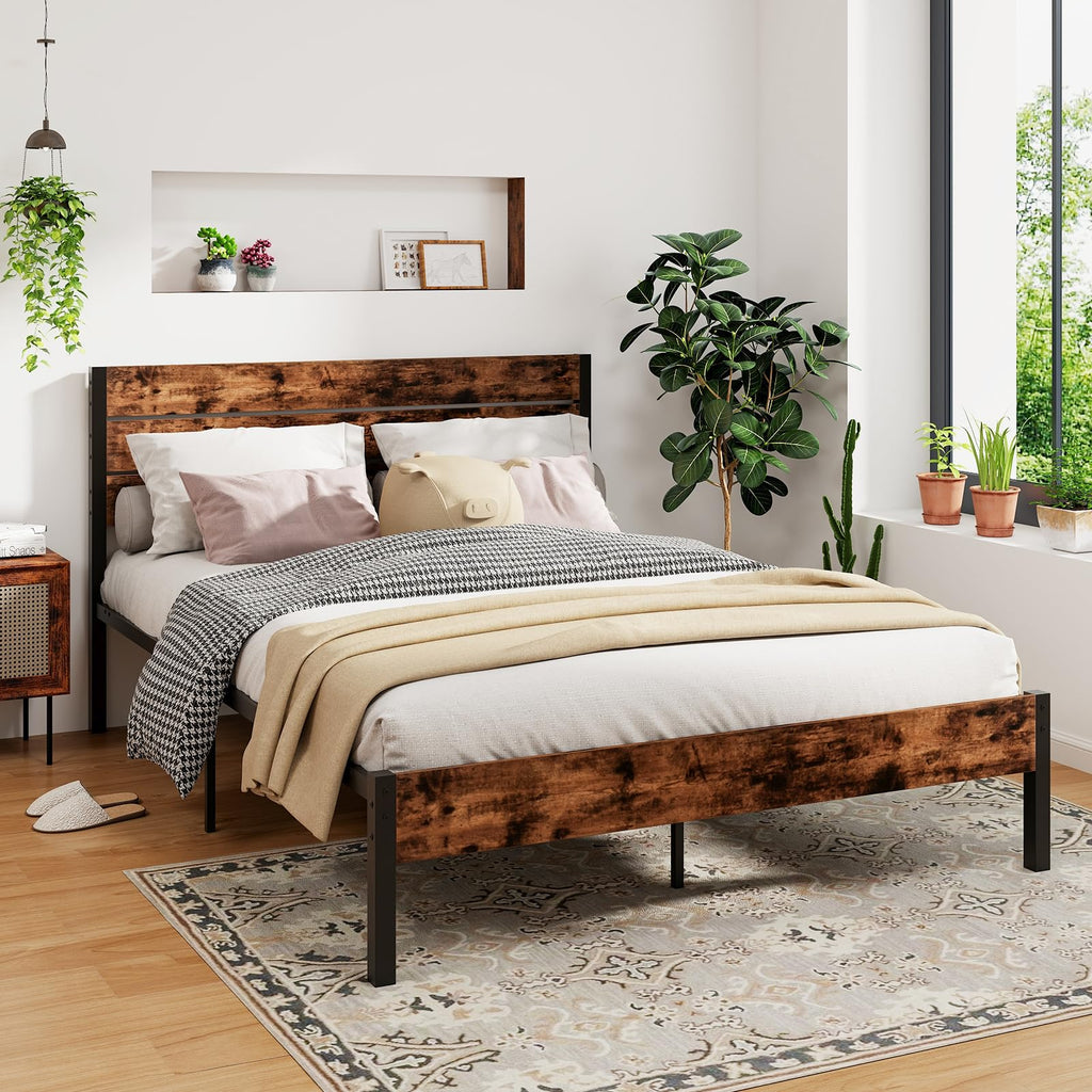 Bed Frame with Headboard, Metal Platform Bed with Under-Bed Storage Space & Slatted Headboard, Industrial