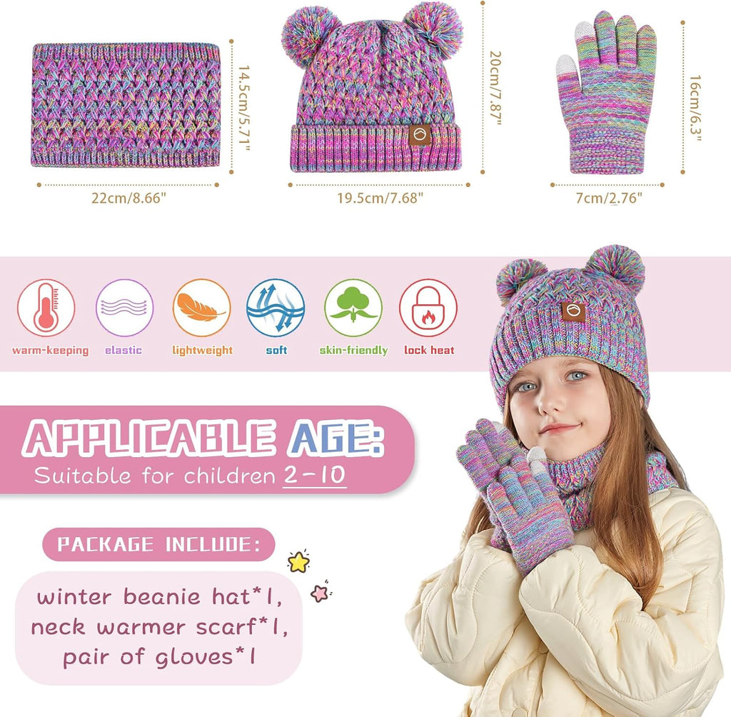 Kids Winter Hat Gloves Scarf Set,Toddler Girls Beanie Hats with Pom