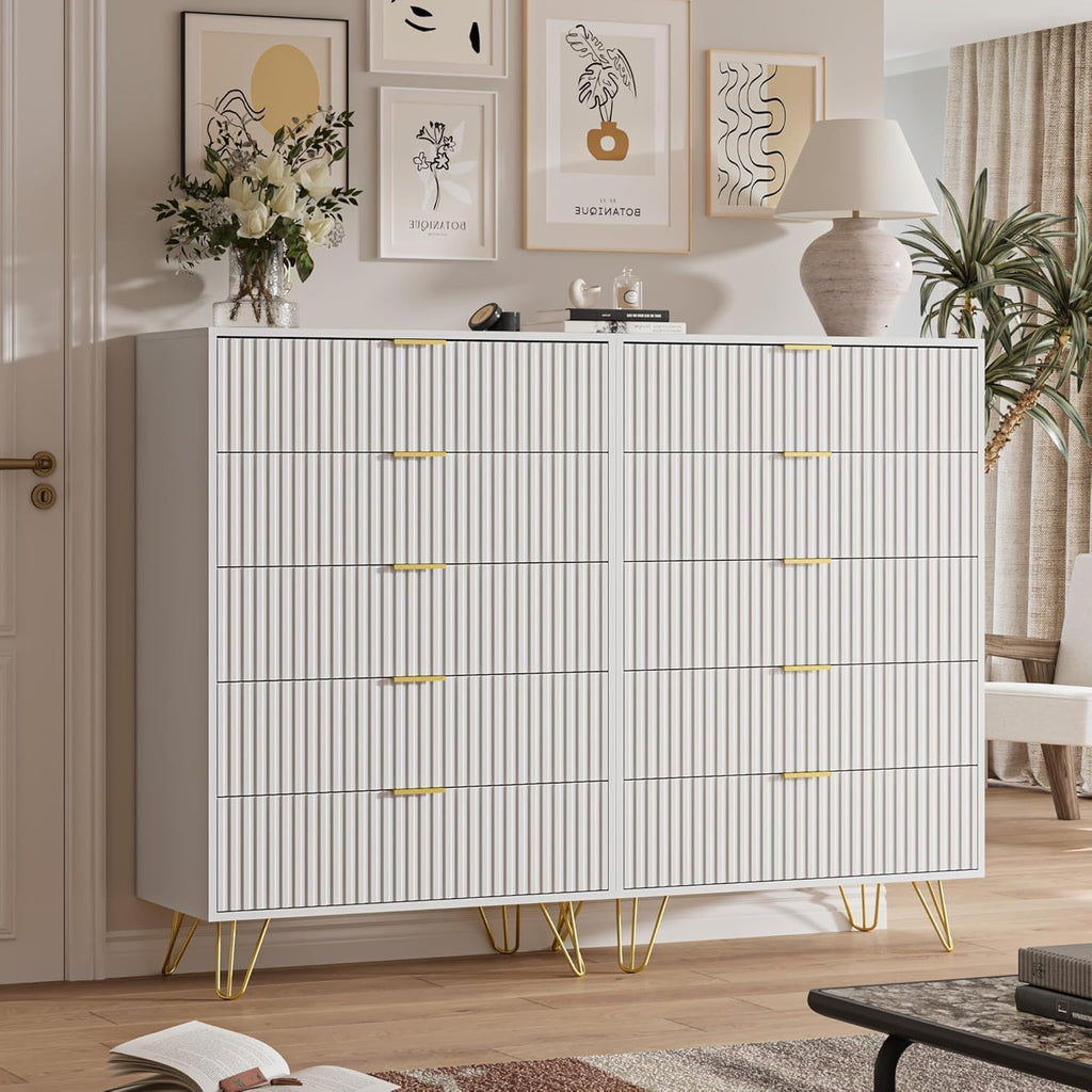 White 5 Drawer, Fluted with Gold metal Handles