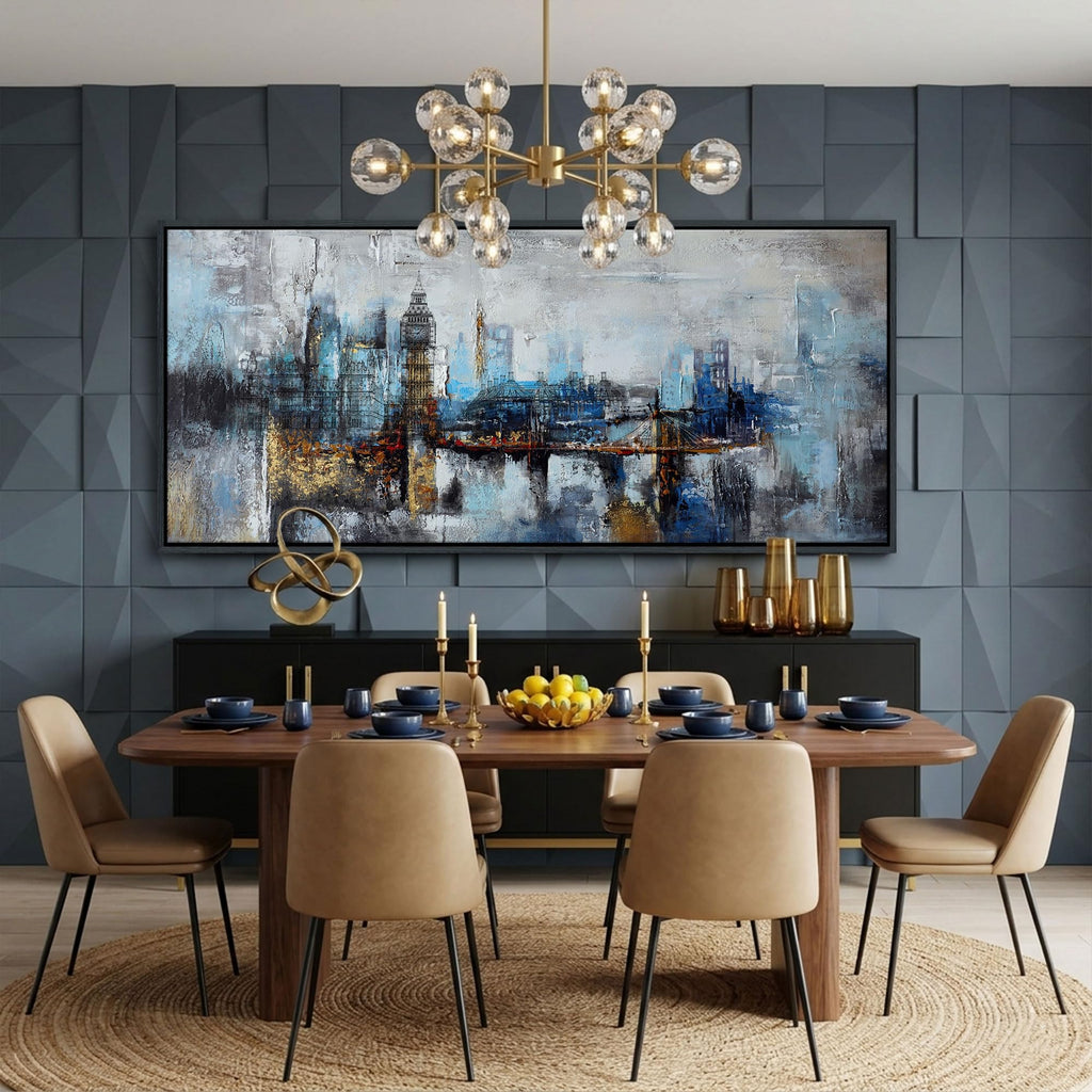 Large Wall Abstract City View Canvas Gray Blue Buildings Prints Wall Office Artwork Wall Decor Decor 31x70 inches