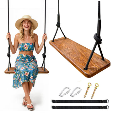 Hanging Wooden Tree Swing with Adjustable Climbing Rope & Tree Straps