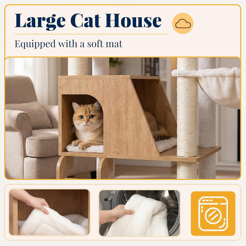 Wooden Cat Tree Tower with Large Condos, 2 Platforms