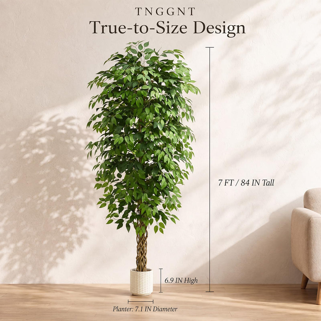 Artificial Ficus Tree:7FT Tall Faux Silk Floor Plant (White Planter)
