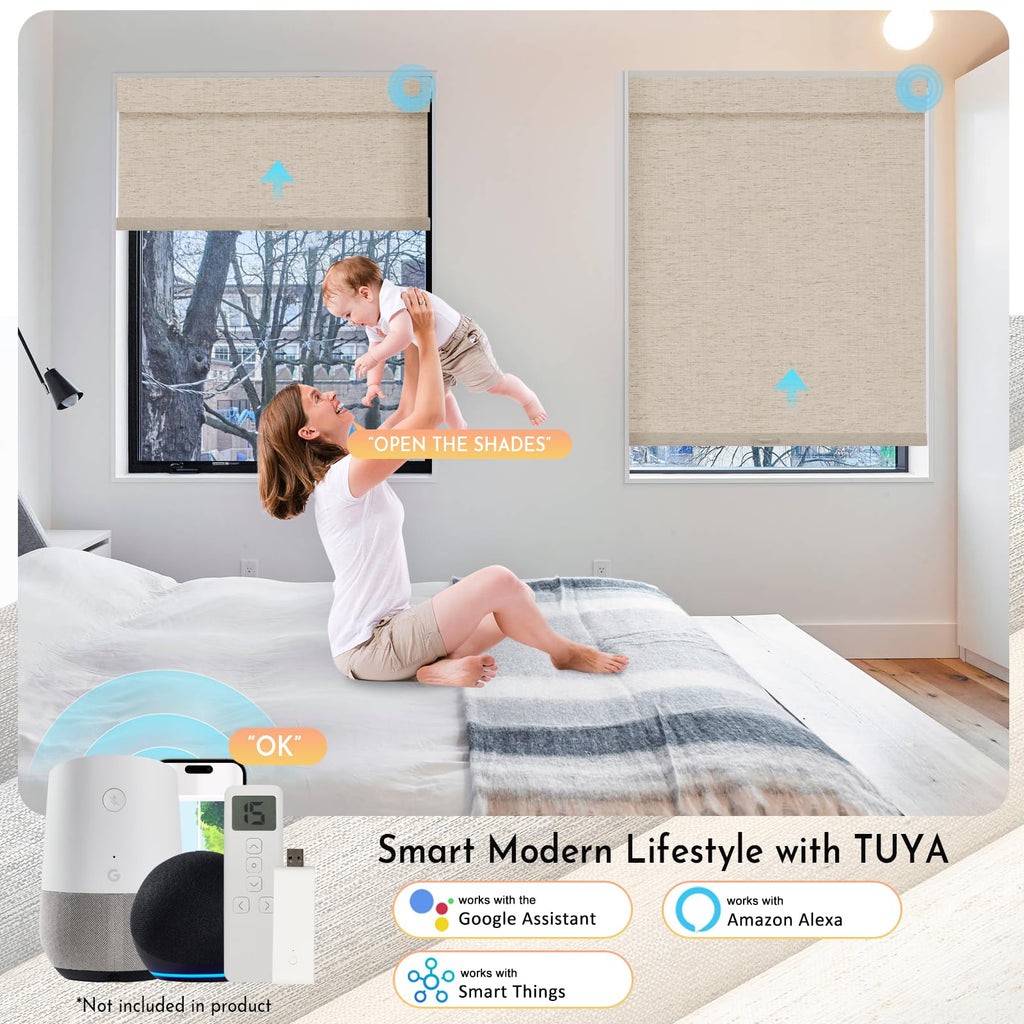 Smart Motorized Blinds with Remote, No Drill Automatic Roller Shades for Indoor Windows, Blackout Linen Fabric