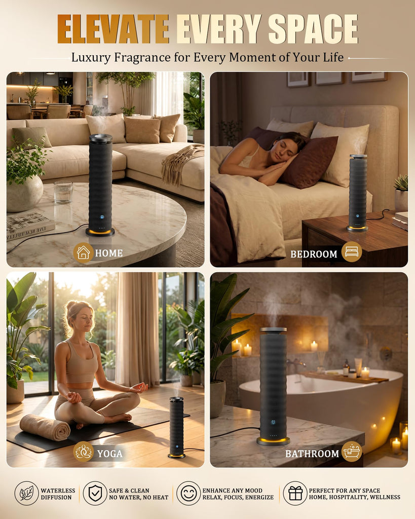 Waterless Essential Oil Diffuser, 120mL, 4 Oils, Remote, Black