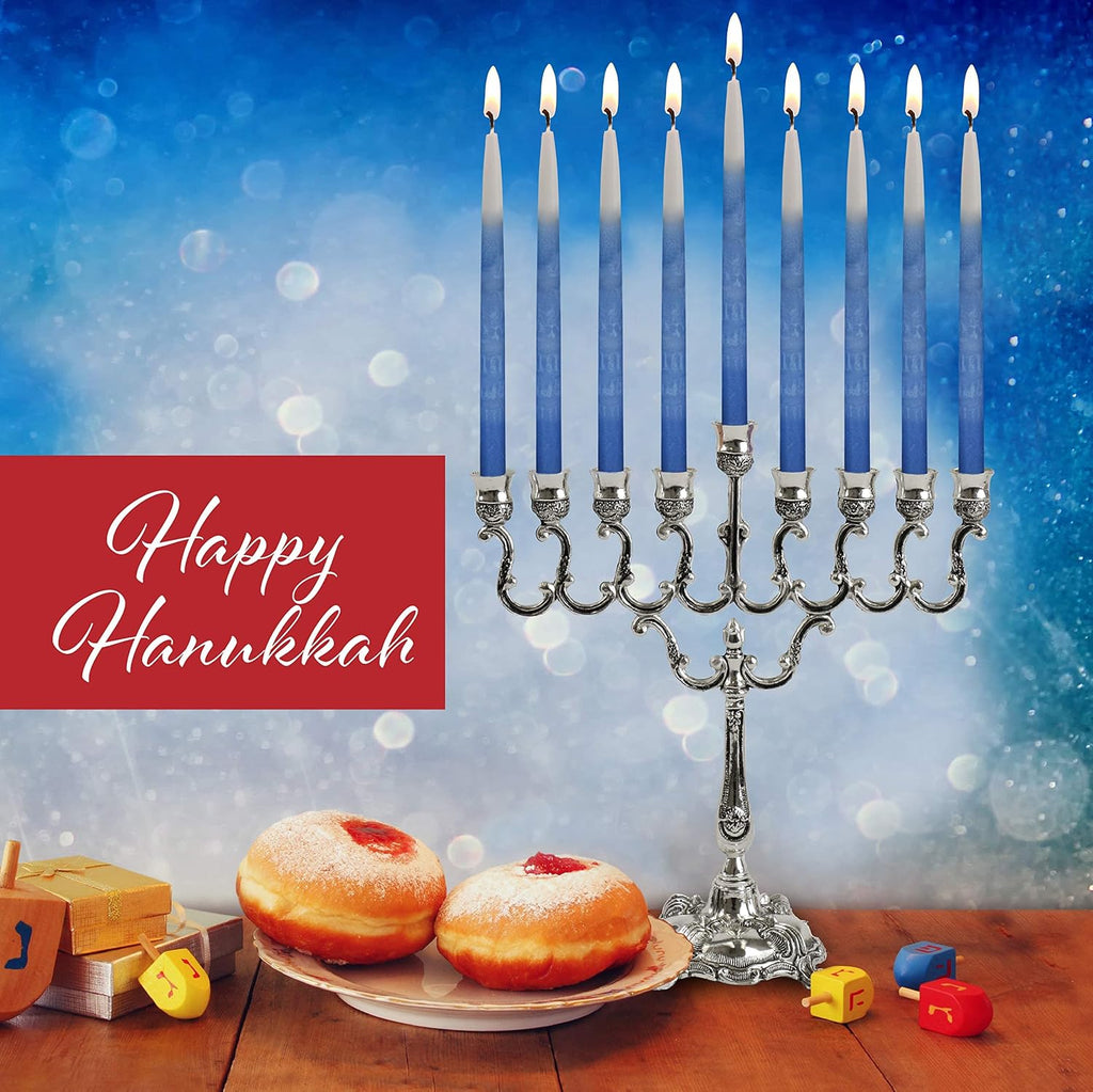 Dripless Chanukah Candles, Decorated Ombre Blue & White Hanukkah Candles Fits Most Menorahs, Premium Quality Wax - Set of 45