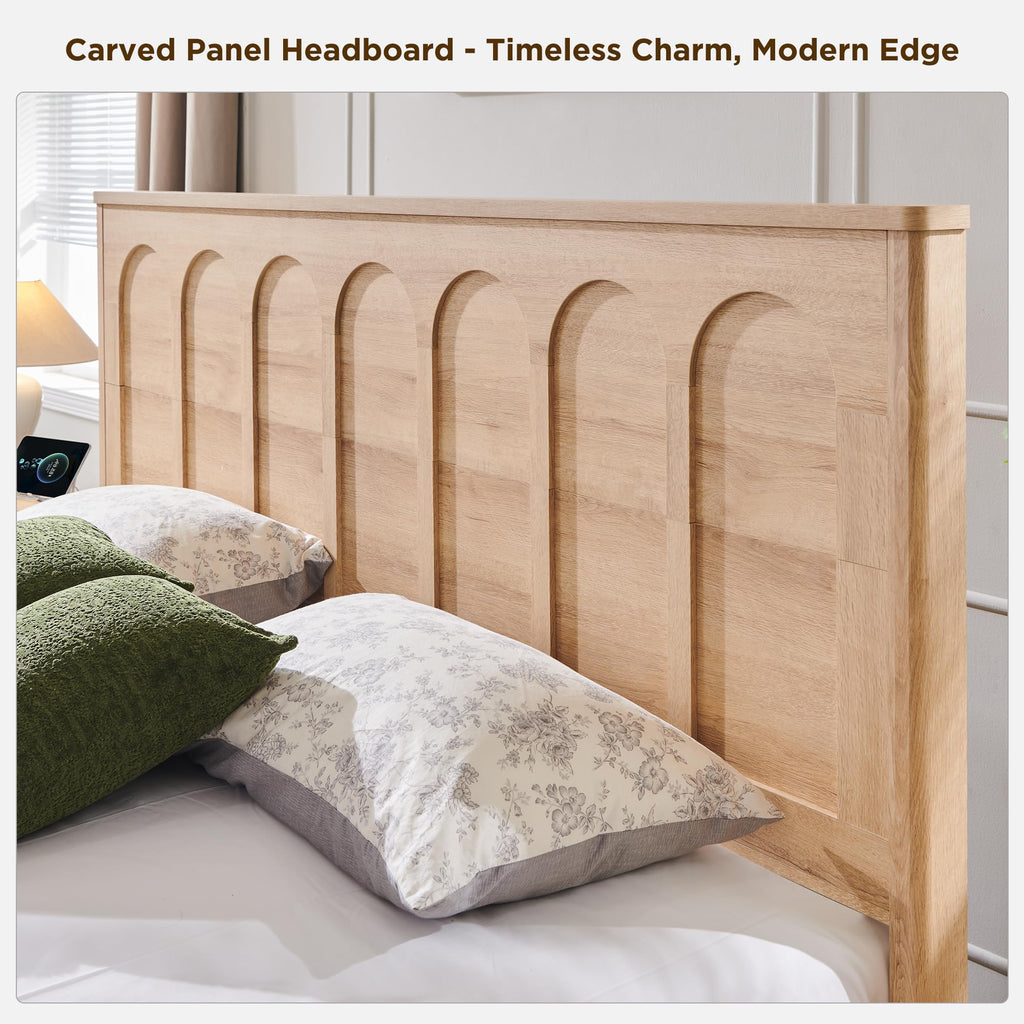 Arched King Size Bed Frame Modern with 4 Drawers, Natural Oak