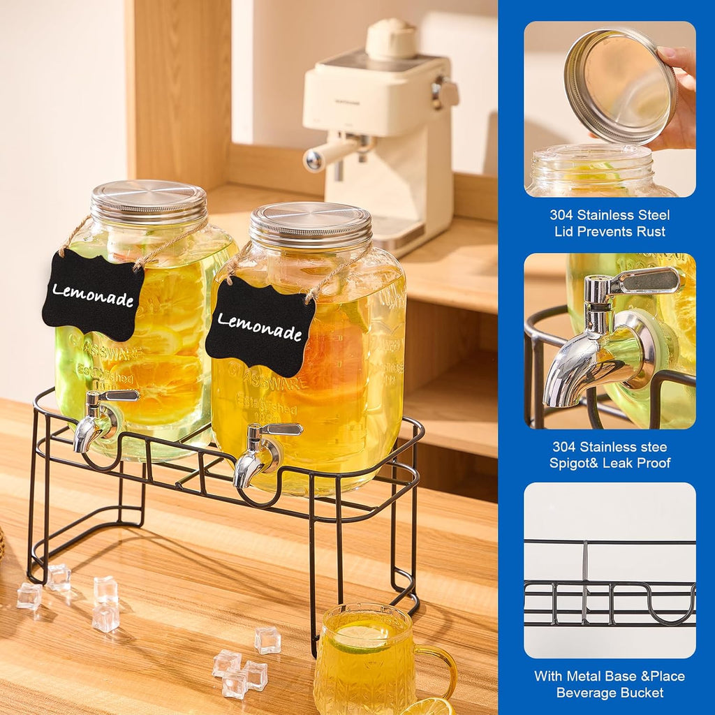 Gallon for Parties, 2 Pack Beverage Dispenser with Stand, Fruit Infuser & Leakproof Stainless Steel Spigot, Juice - Set of 2
