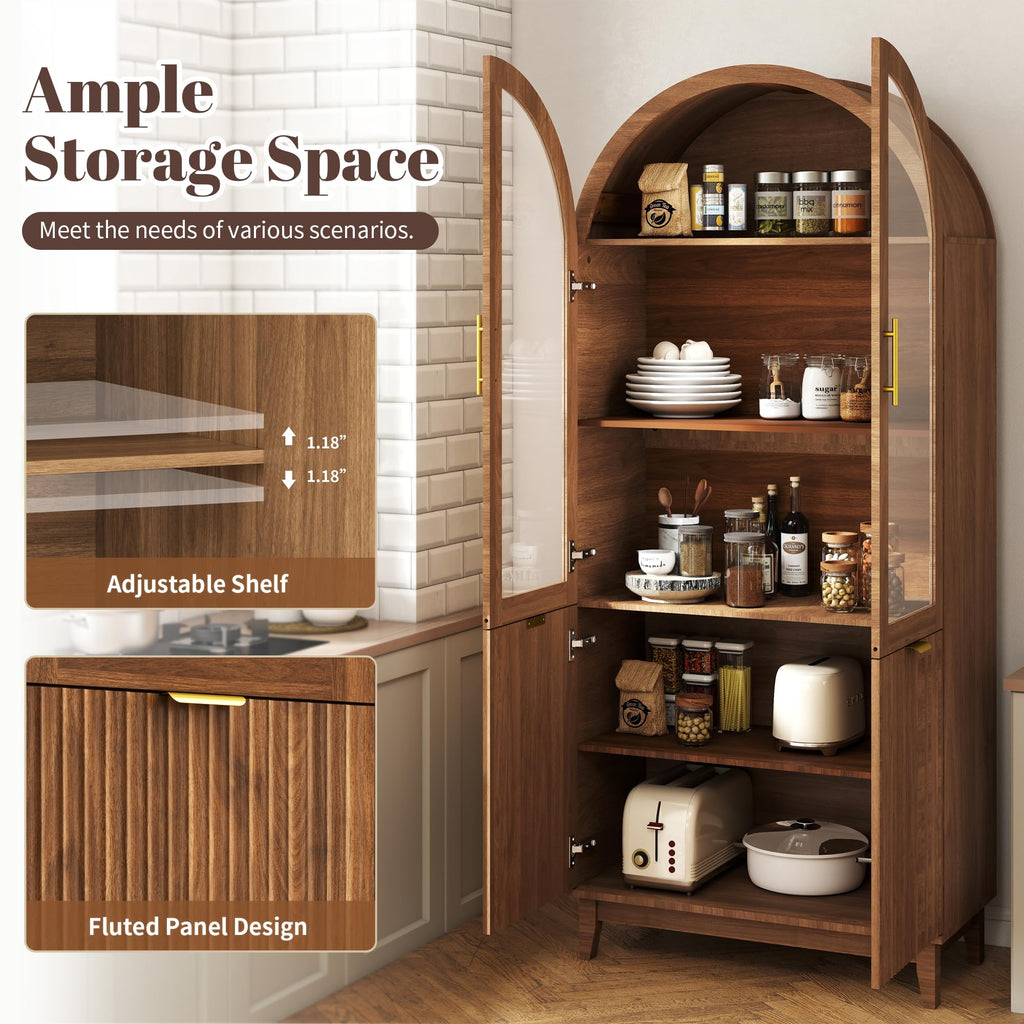 71" Tall Arched Cabinet with Glass Doors, Fluted Kitchen Pantry Cabinet, Modern Wood Storage Cabinet with Adjustable