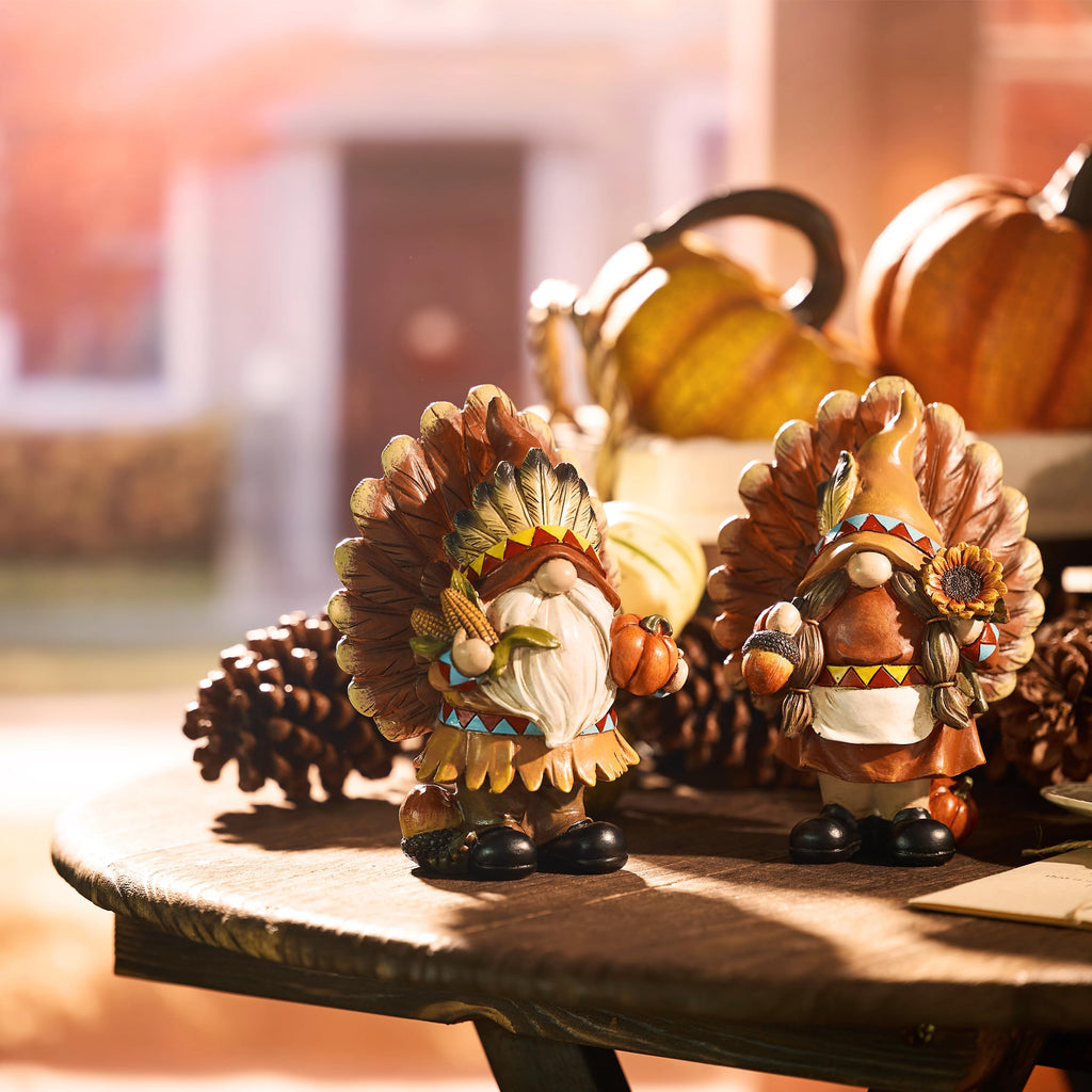Fall Decorations, 2 Pcs Indian Fall Gnomes Thanksgiving Decor for Table Indoor, Resin Turkey Decorations Native