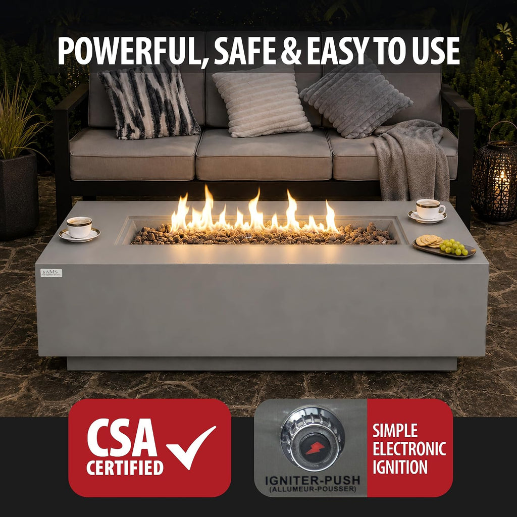 AMS 60" Rectangular Concrete GFRC Propane Gas Fire Pit Table (Light Gray) | (Madison) Smooth Texture Fire Pit Table