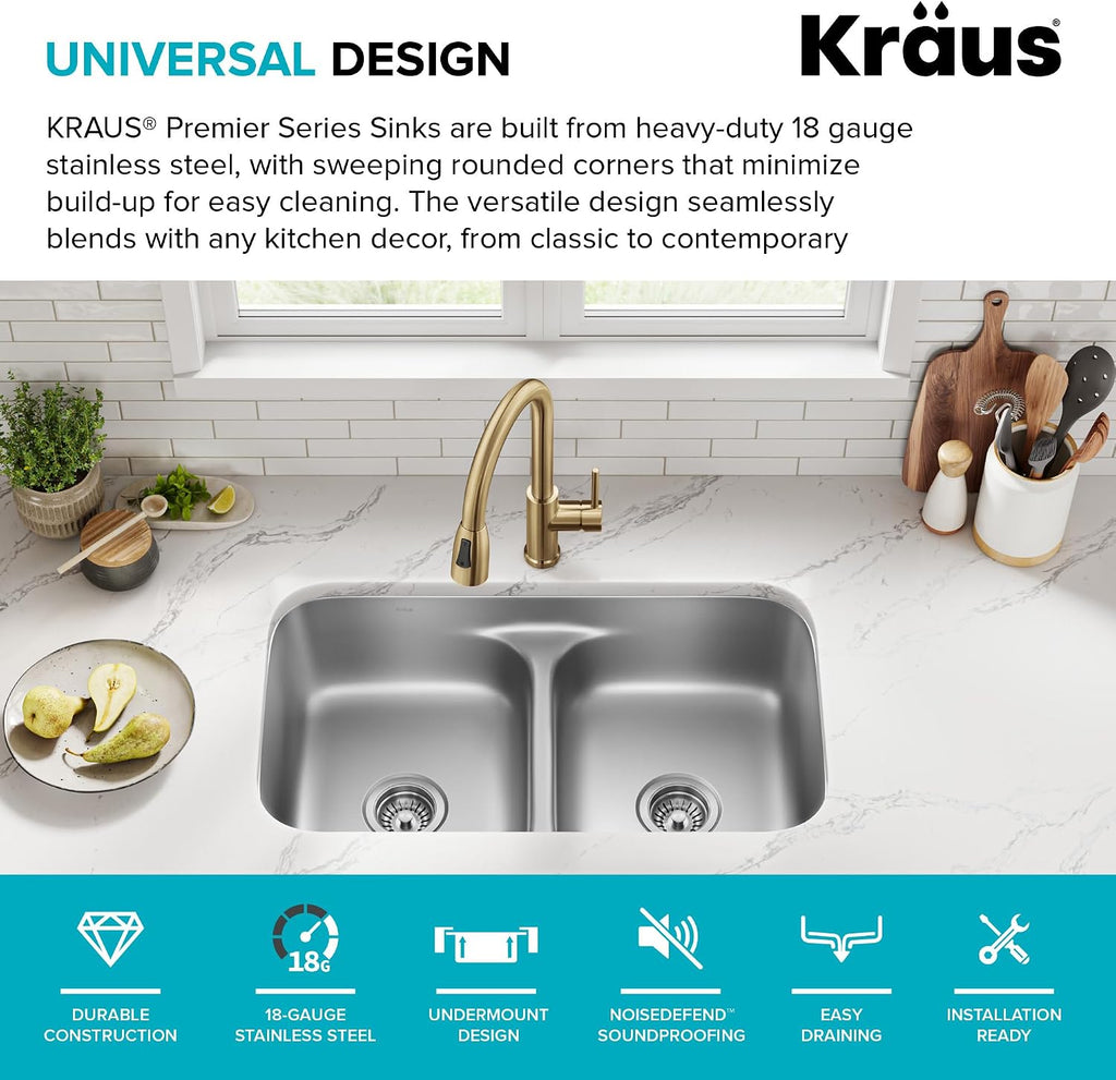 Premier 32-inch Undermount 50/50 Double Bowl Low Divider 18-Gauge Stainless Steel Kitchen Sink with Strainers (x2)