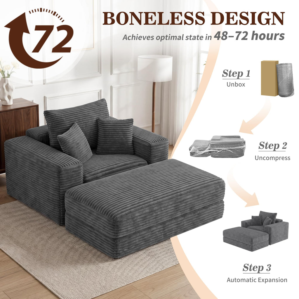 60'' Oversized Chaise Lounge Chair Indoor with Ottoman, Convertible Boneless Sofa Bed & Corduroy Reading Chair, No