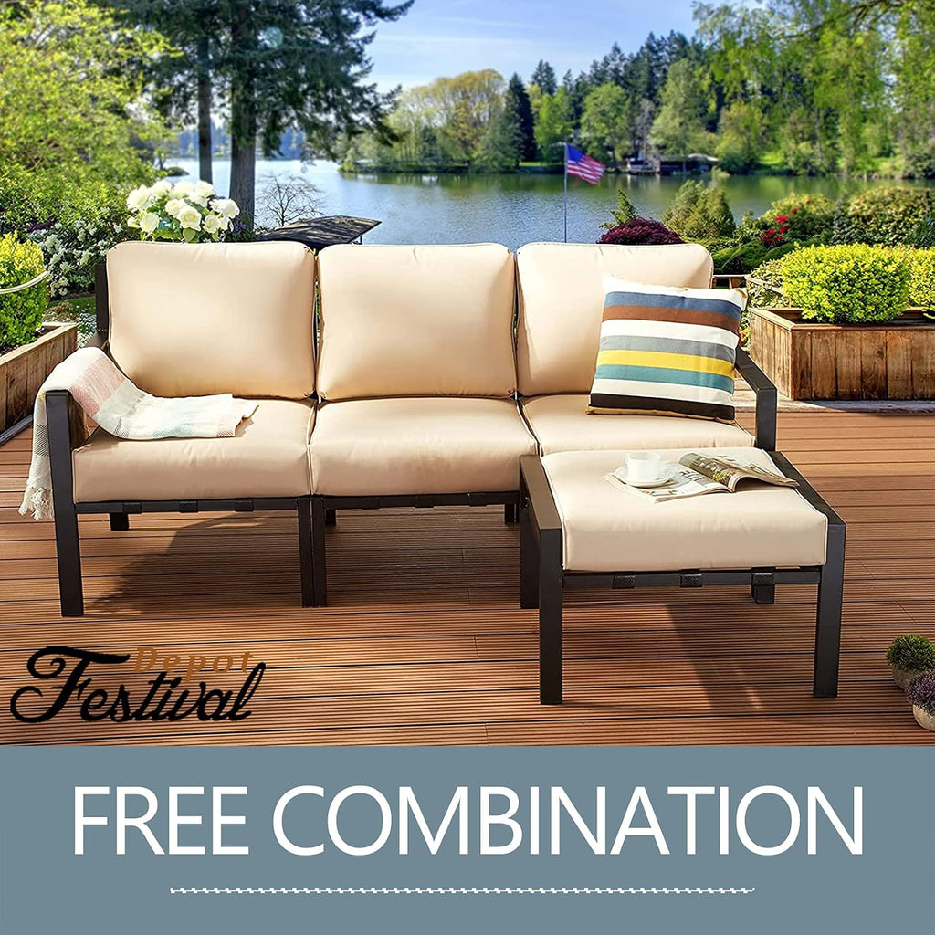 Ottoman Outdoor Footstool with 4.3 Cushion Small Seat All Weather Metal Furniture for Deck Poolside Yard, Grey