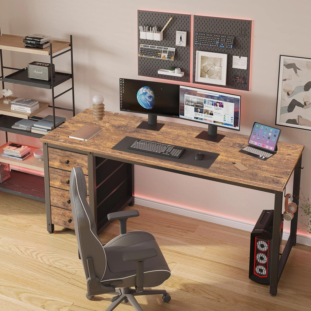 Computer Desk with Drawers - 55 Inch Long Study Work Writing Desk Bedroom, Reversible Simple Modern Cute PC Desks